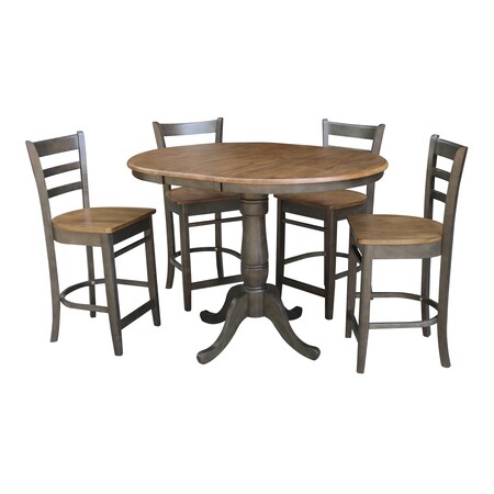 International Concepts Round 36 in Rd Extension Dining table, 4 RTA counterHt stools, Hickory/Coal, 36 W, 48 L, 35.3 in H K45-36RXT-6B-S6172-4